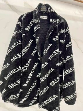 🚩steal Balenciaga Black & White Logo Teddy Jacket